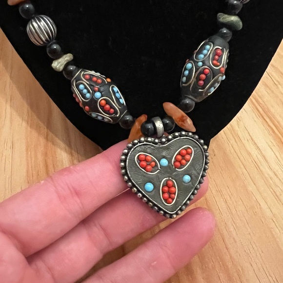 Vintage Boho Eclectic Beaded Heart Necklace with Crystals - Picture 2 of 11